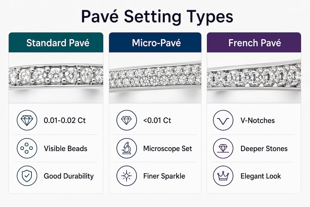 Infographic comparing three pavé setting types