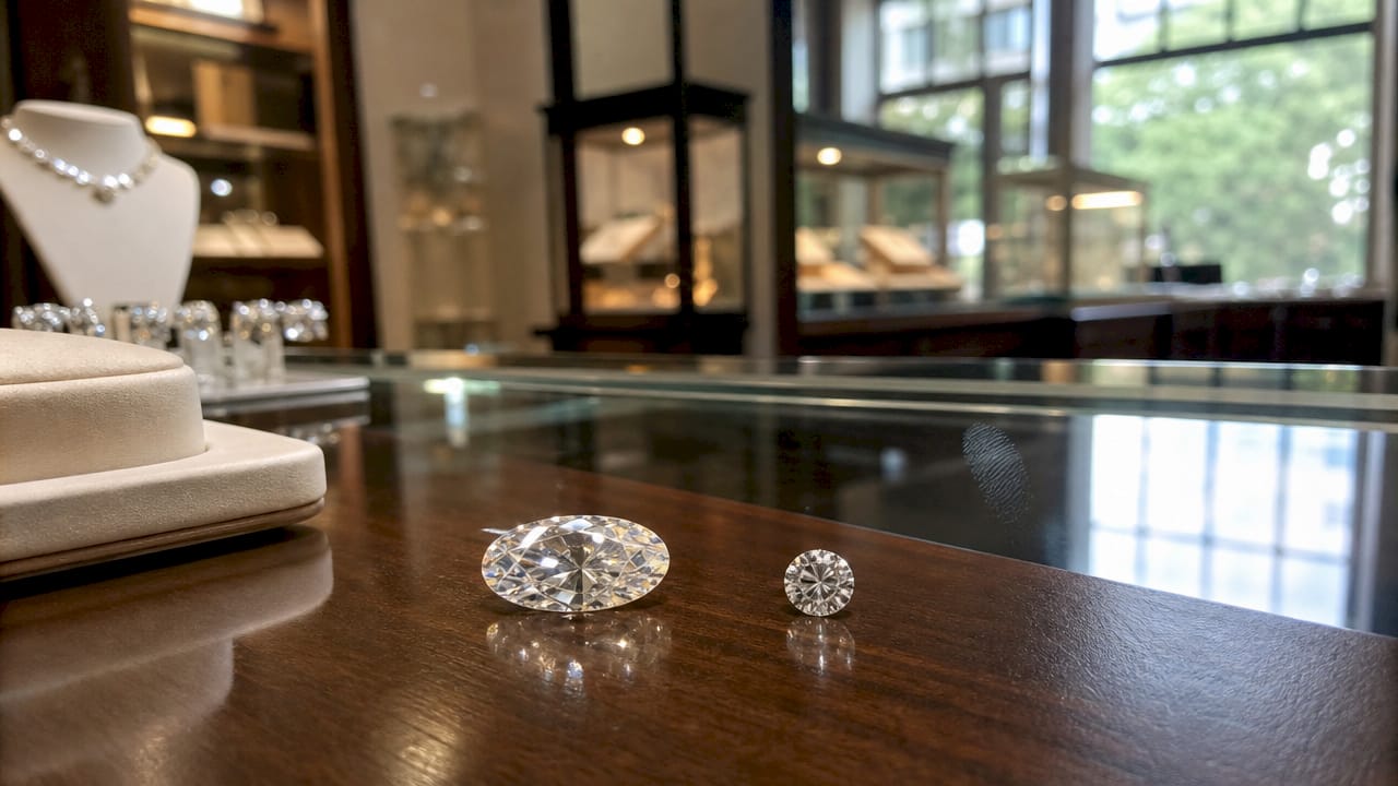 Close-up of diamonds comparing size and shape in display
