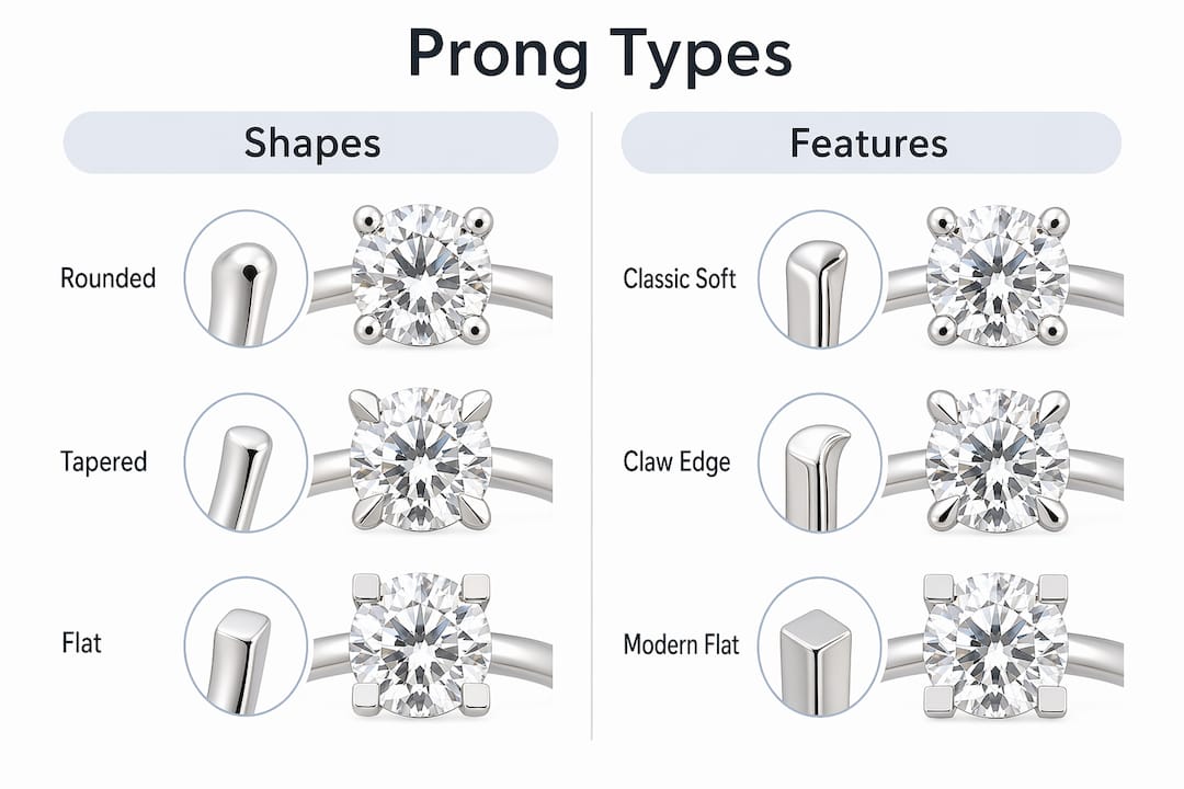Infographic comparing prong setting shapes and features