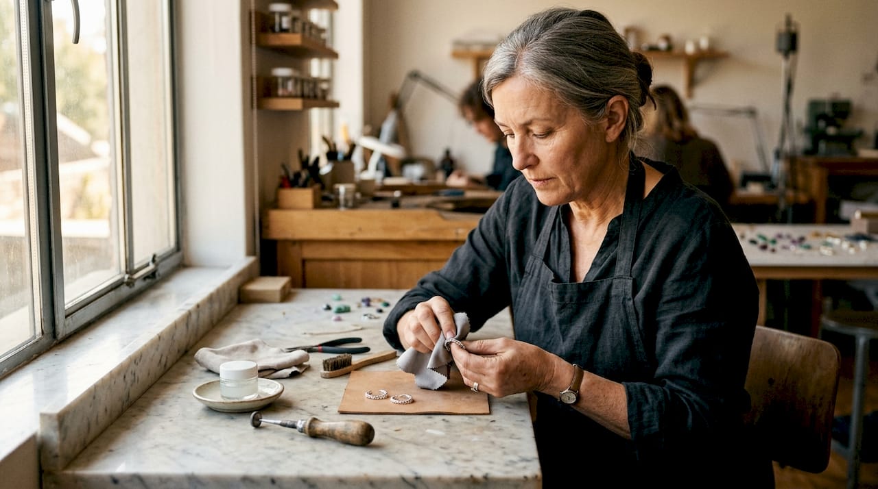 Jeweler polishing gold earrings by hand