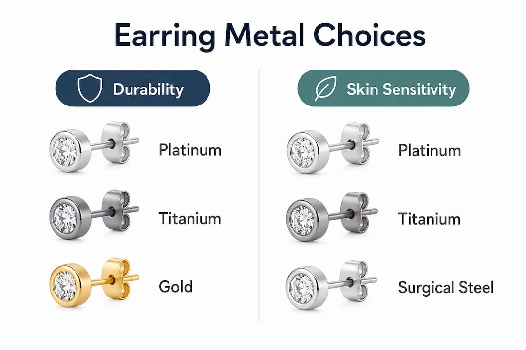Infographic comparing earring metals by durability and skin sensitivity