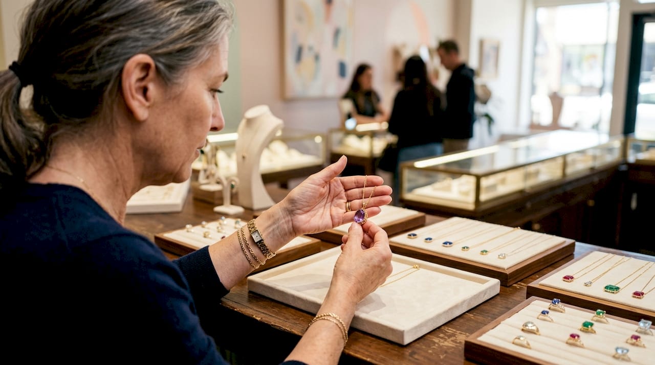 Hands selecting sapphire pendant in jewelry store