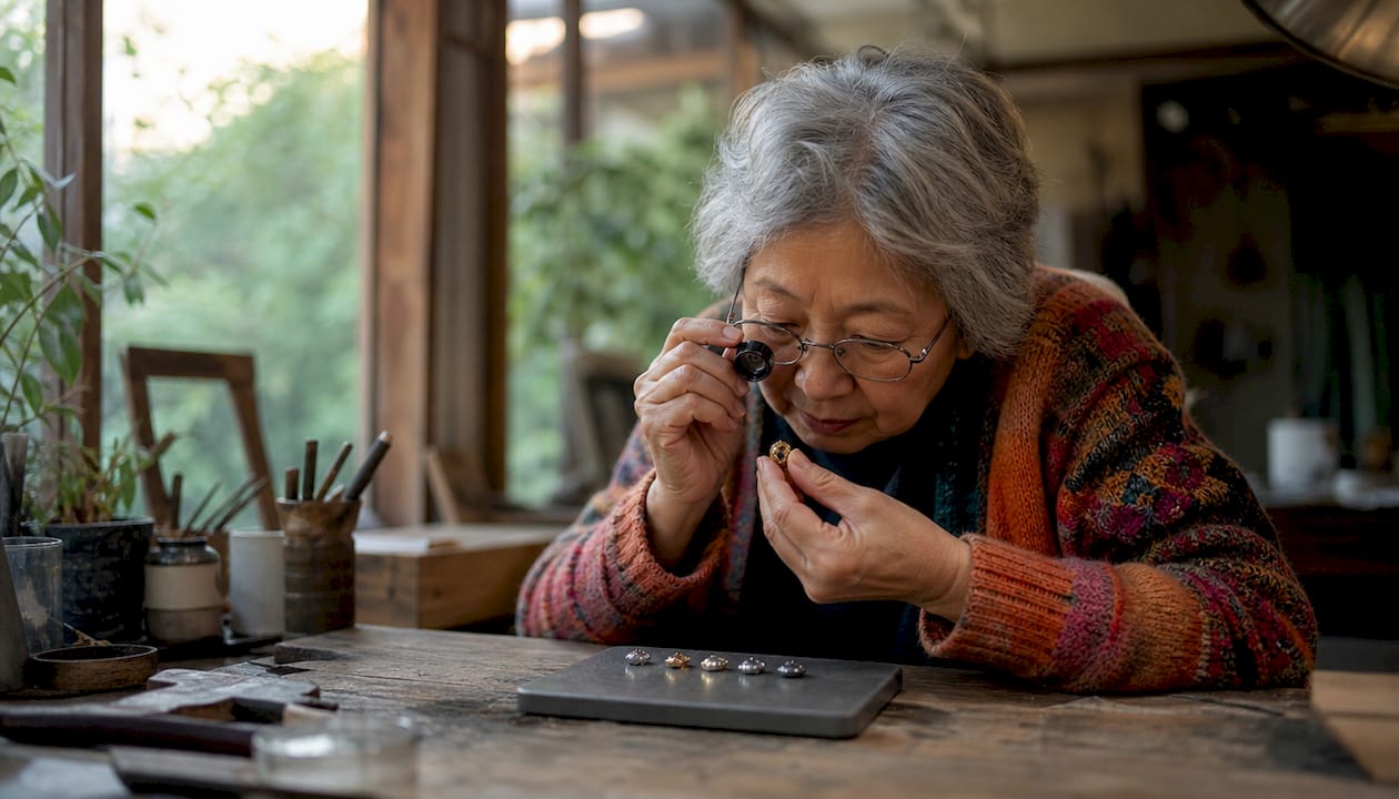 Woman examining precious metal samples closely