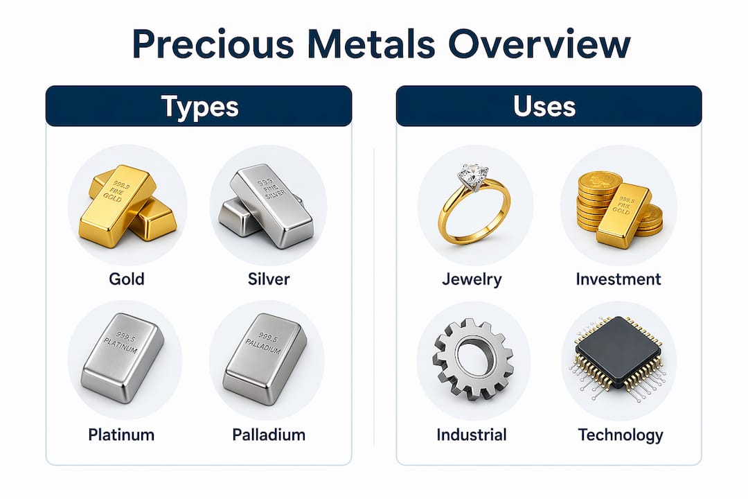Infographic comparing precious metal types and uses