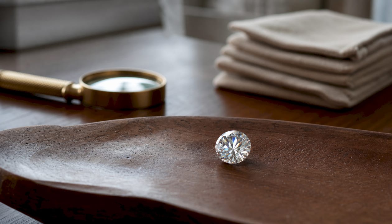Close-up of sparkling moissanite gemstone in gem lab