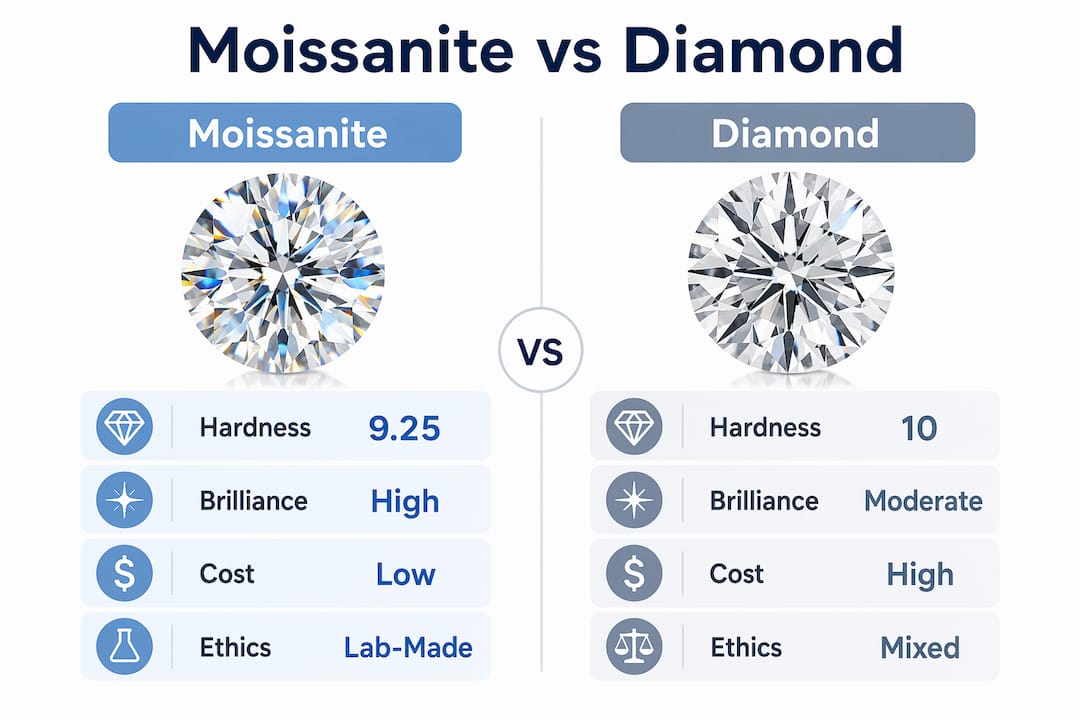 Infographic comparing moissanite and diamond key properties