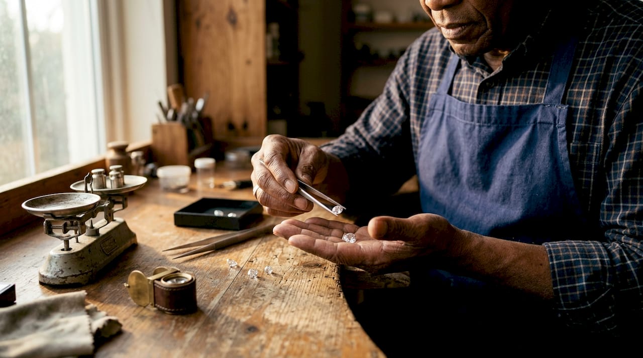 Jeweler comparing two loose diamonds by hand
