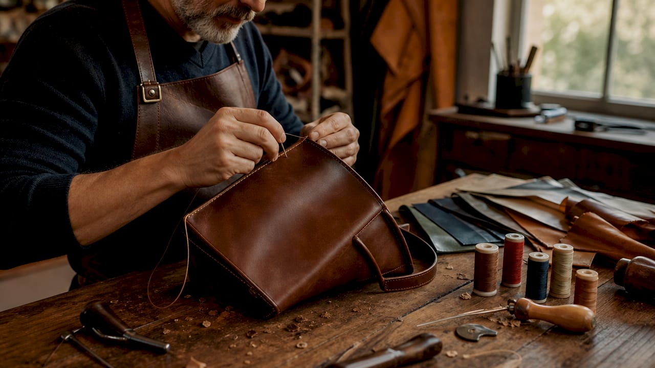 Artisan stitching high-quality leather handbag