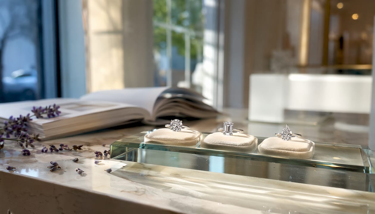 Jewelry display of diverse engagement ring shapes