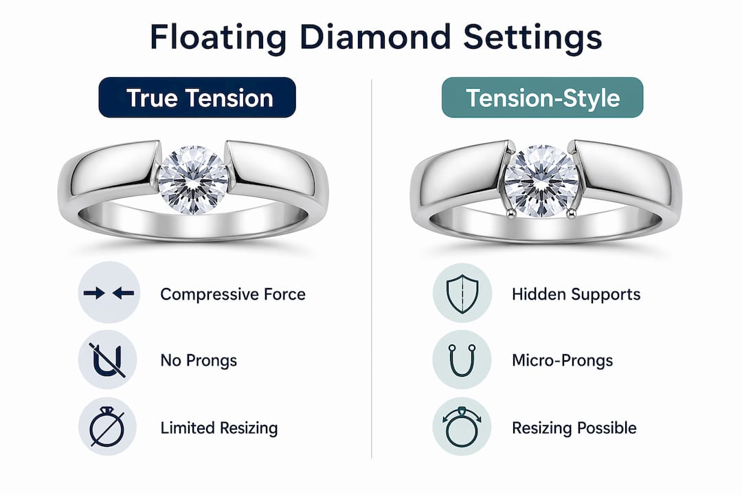 Infographic comparing true tension and tension-style floating diamond settings