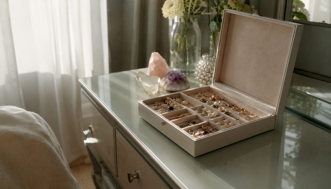 Open jewelry box with organized pieces and storage aids