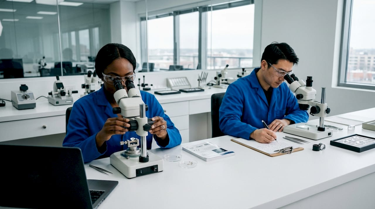Gemologists grading diamonds in lab