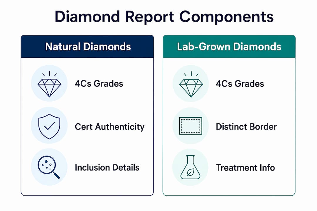 Infographic comparing natural vs lab-grown diamond report components