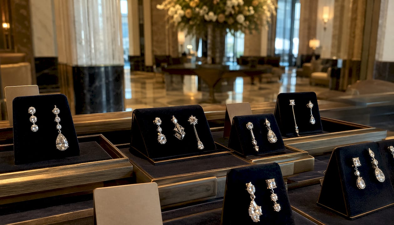 Jewelry boutique display of mismatched diamond earrings