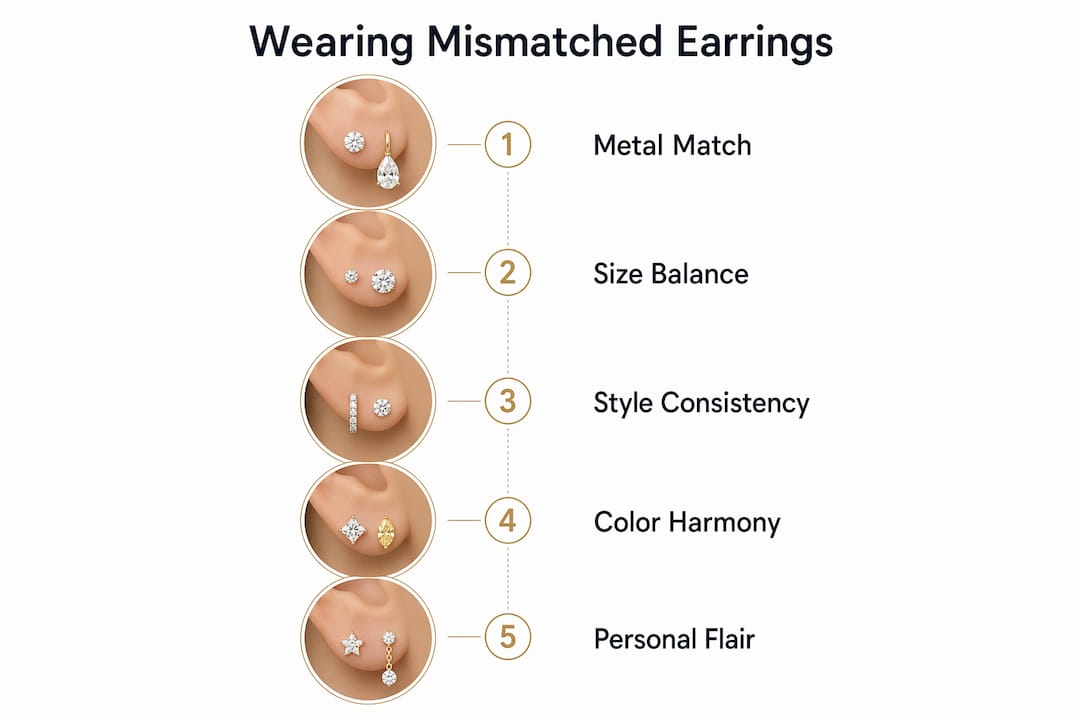 Infographic outlining steps to style mismatched earrings