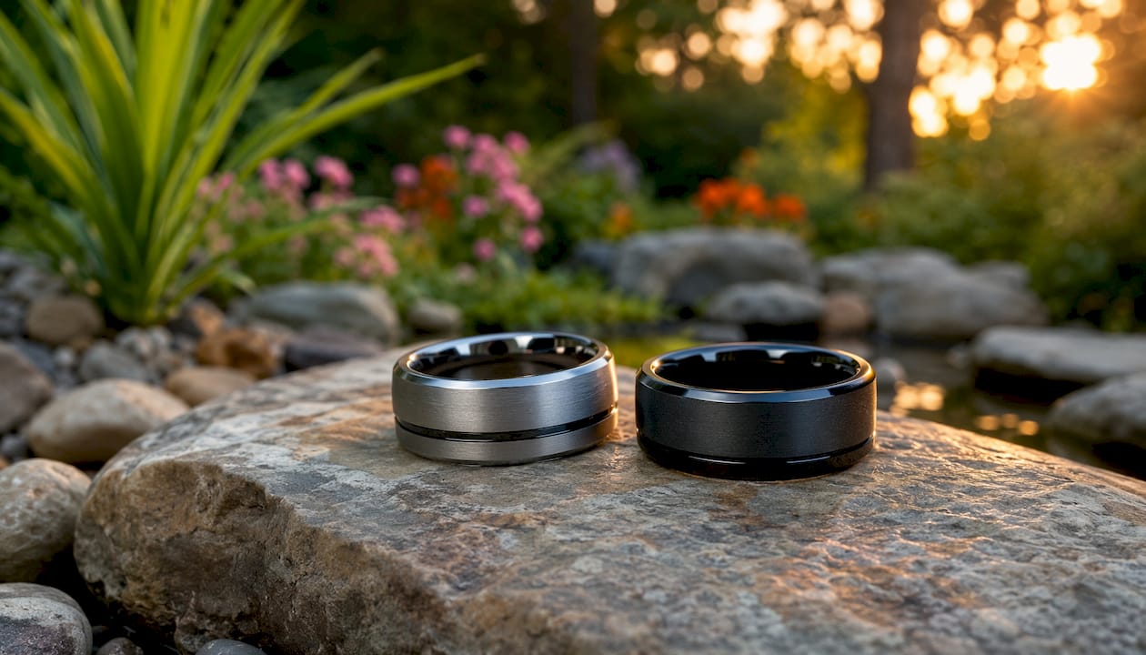 Titanium and tungsten men's engagement rings outdoors