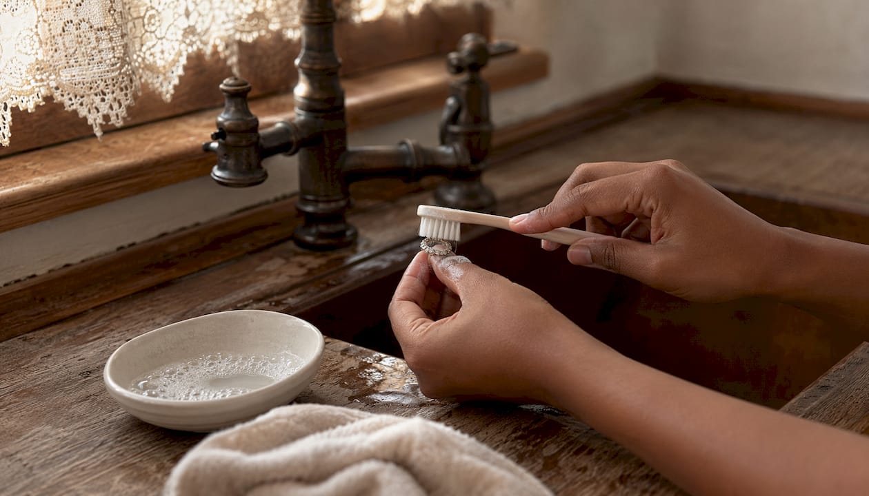 Hands cleaning pavé diamond ring with brush