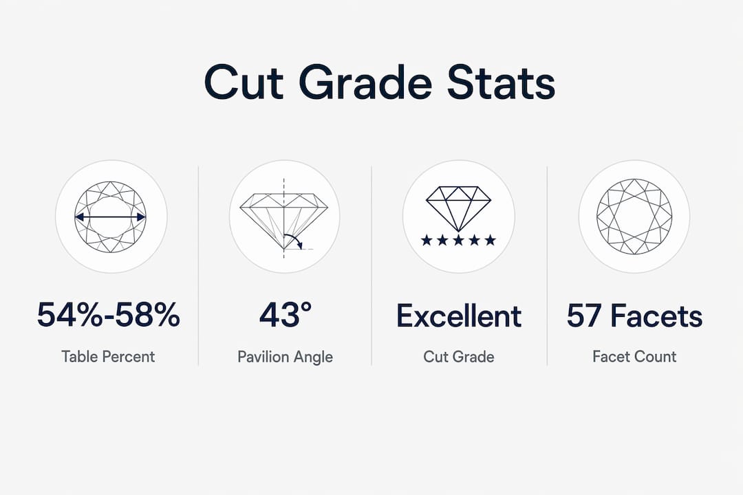 Infographic showing round brilliant diamond cut grade and proportions