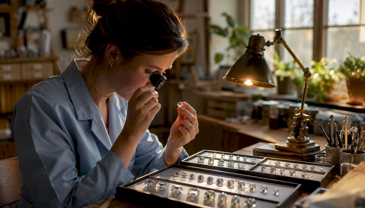 Gemologist inspecting modern brilliant diamond cuts