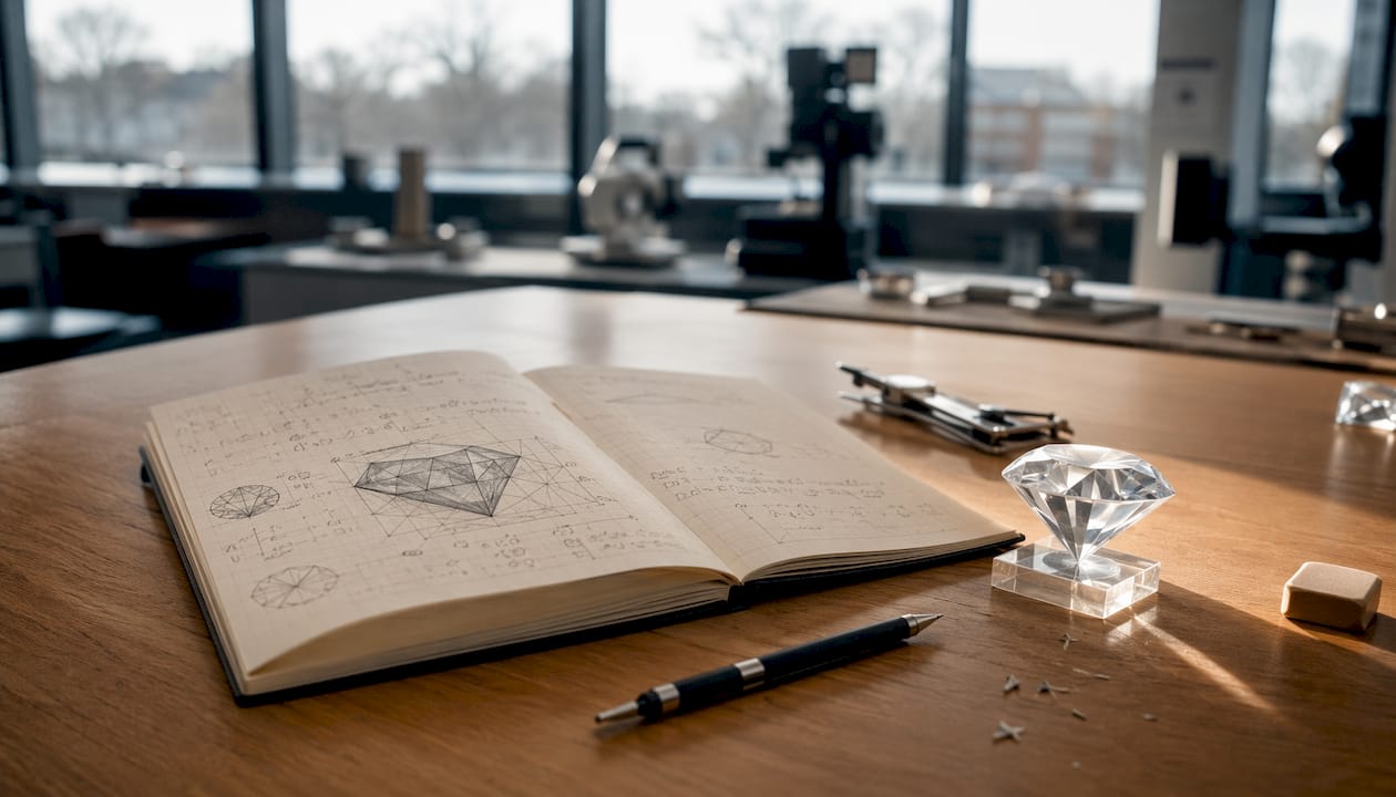 Notebook with diamond cutting calculations and model