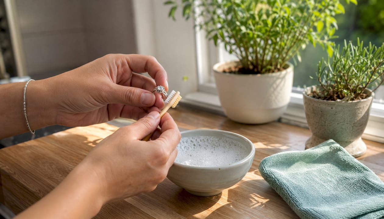 Hands cleaning nature-inspired ring on marble