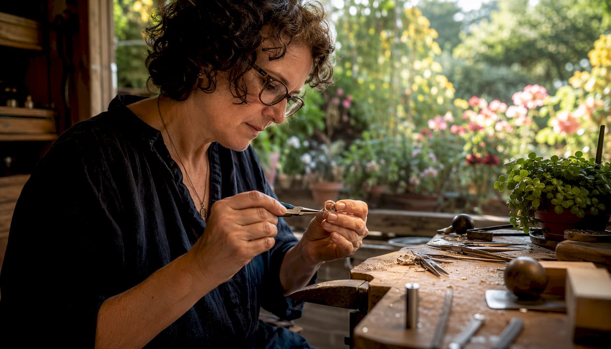 Jeweler crafting floral motif ring in workshop