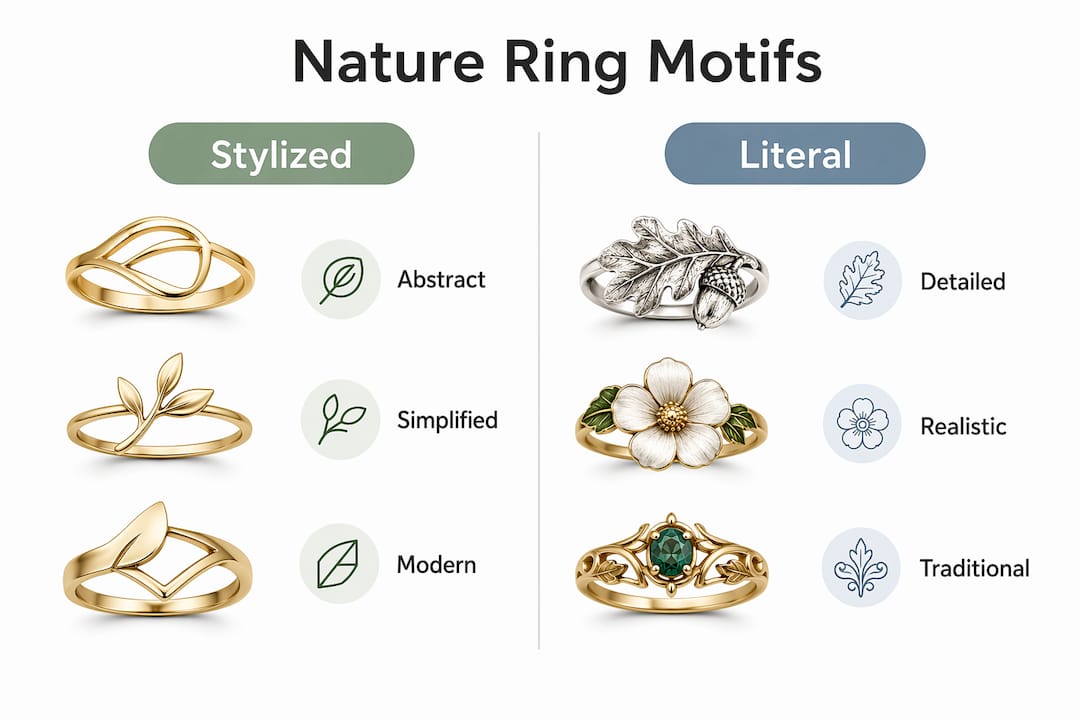 Infographic comparing stylized vs literal nature ring motifs