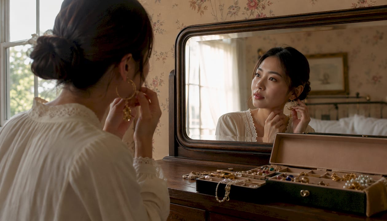 Woman with heart-shaped face trying on jewelry