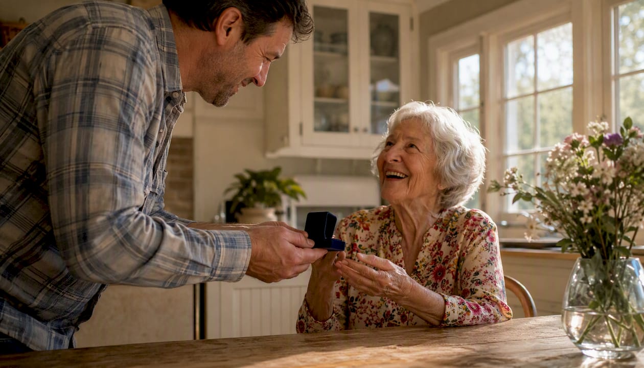 Man giving birthstone gift to elderly woman