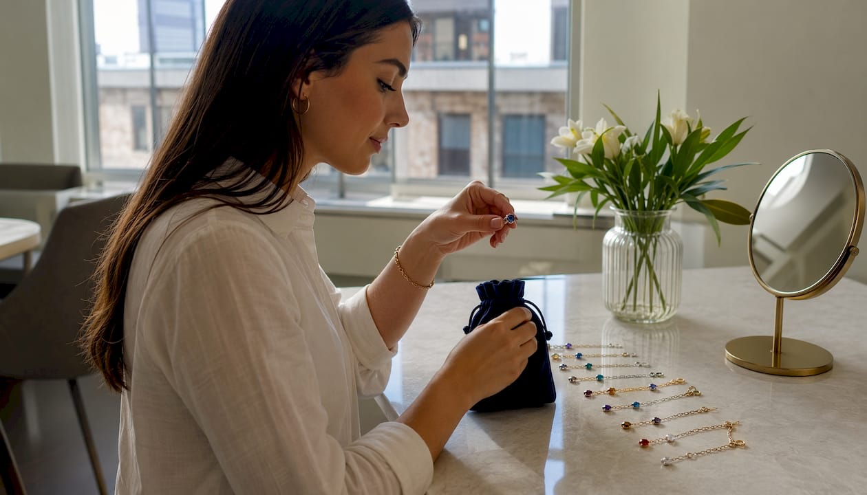 Overhead view of woman choosing sapphire ring