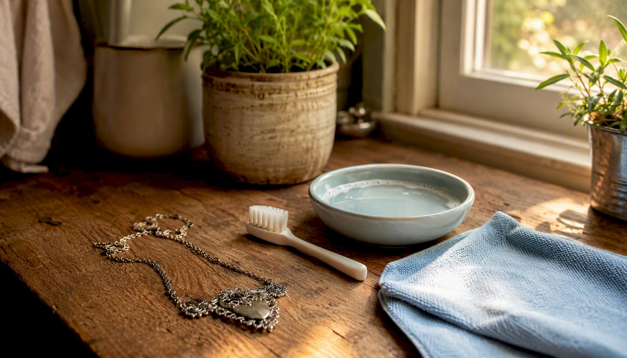 Close-up of necklace cleaning tools on wooden vanity