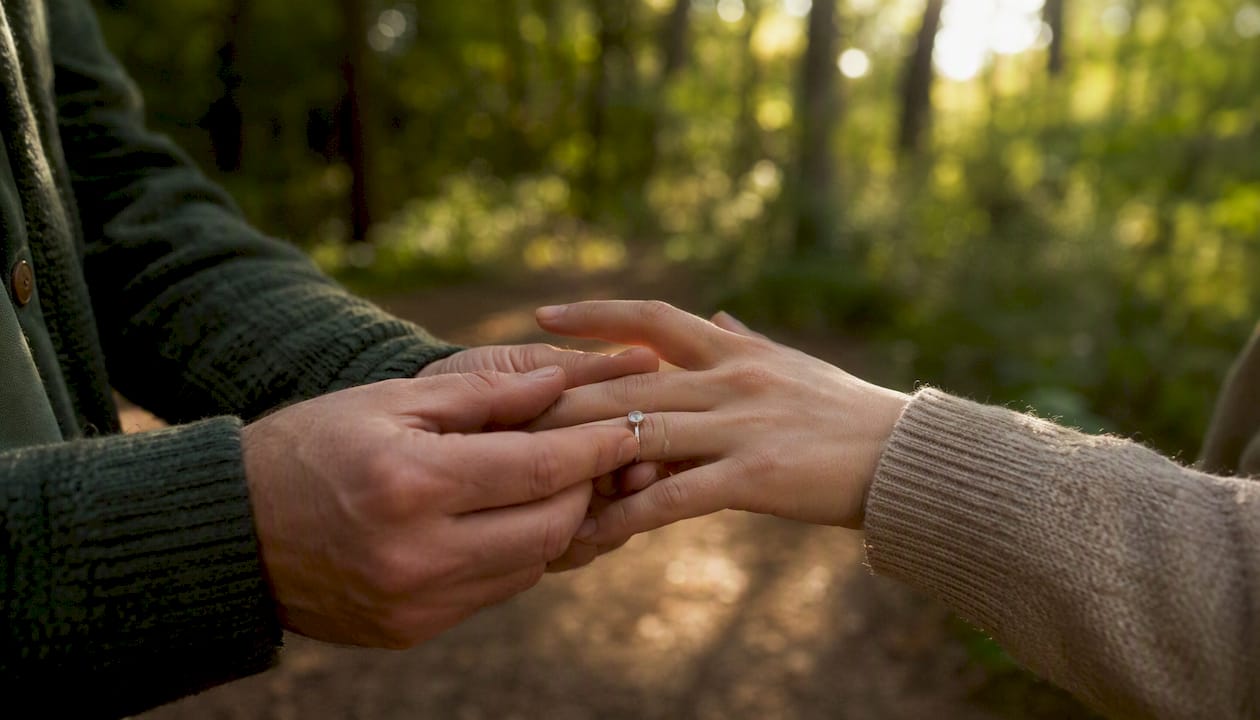 Outdoor hands exchanging engagement ring on trail