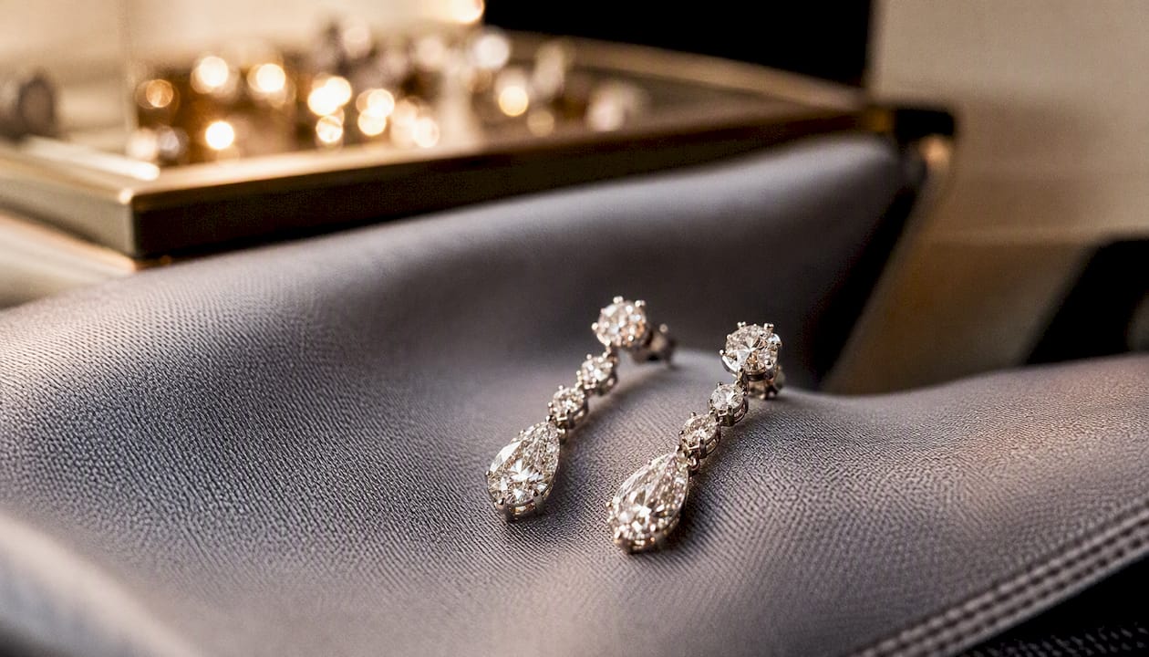 Diamond drop earrings sparkling on velvet