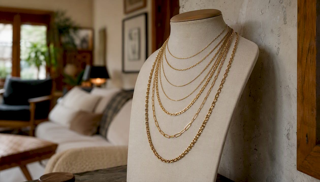 Mannequin with layered necklaces of different lengths