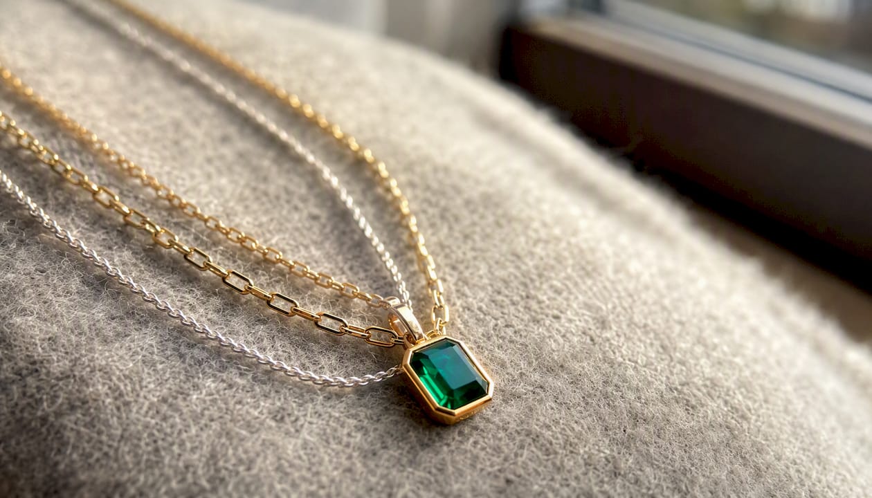 Close-up of gemstone pendant layered with metal chains