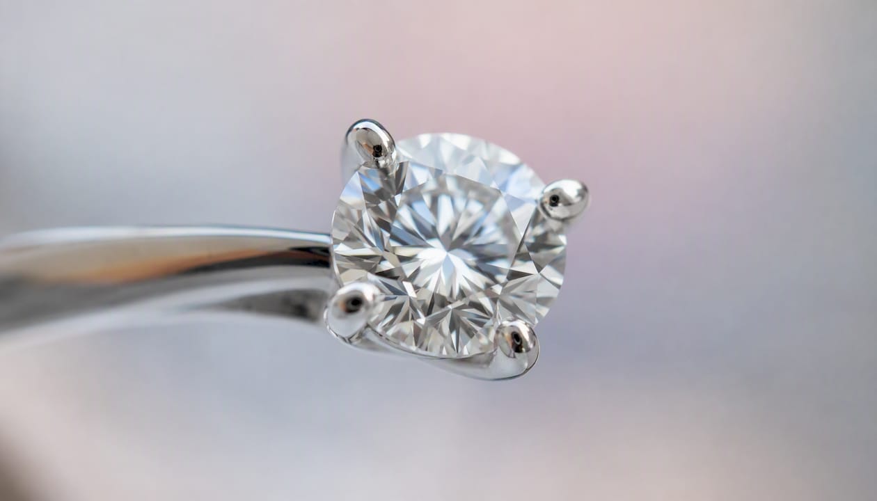 Round brilliant diamond in platinum setting close-up