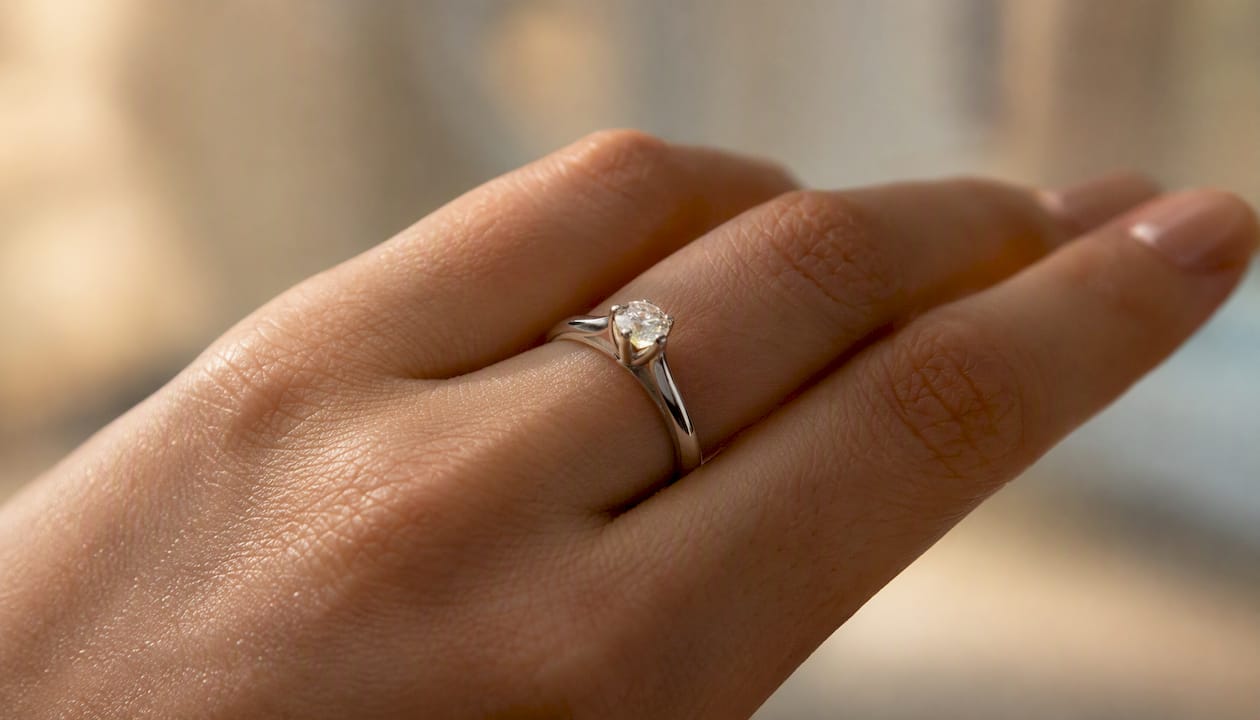 Cathedral solitaire ring arch close-up on finger