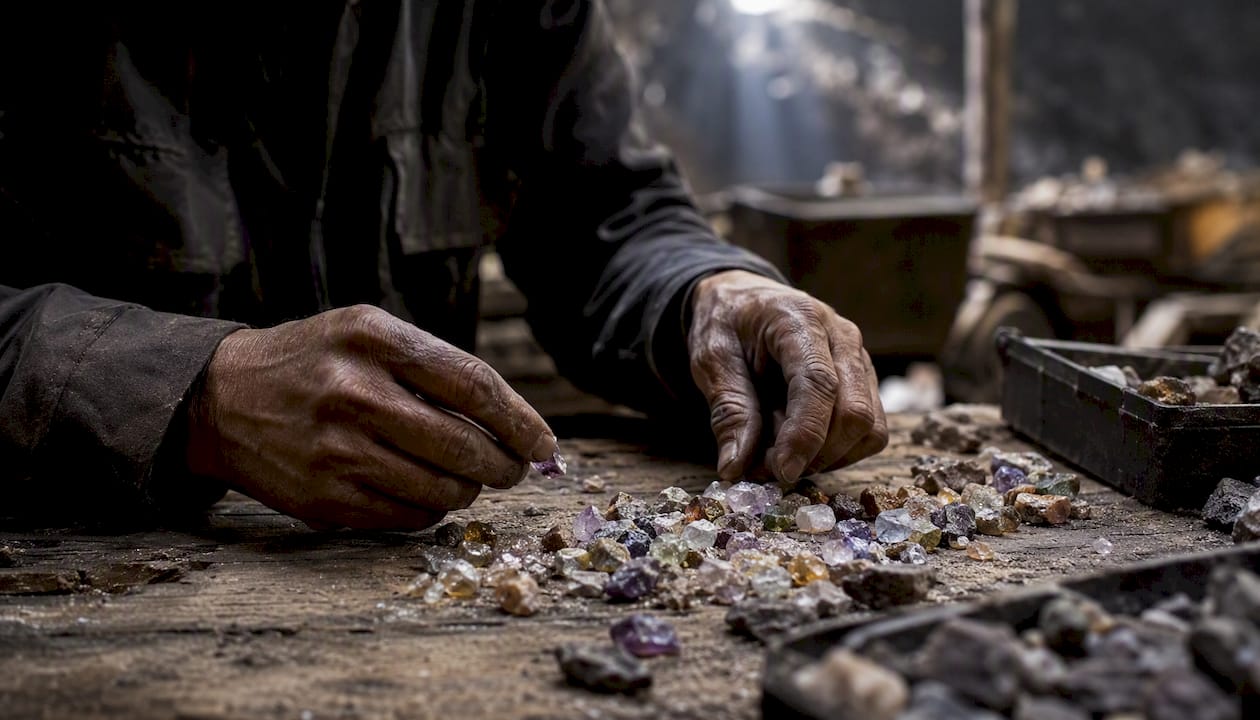 Miner hands handling rough gemstones close-up