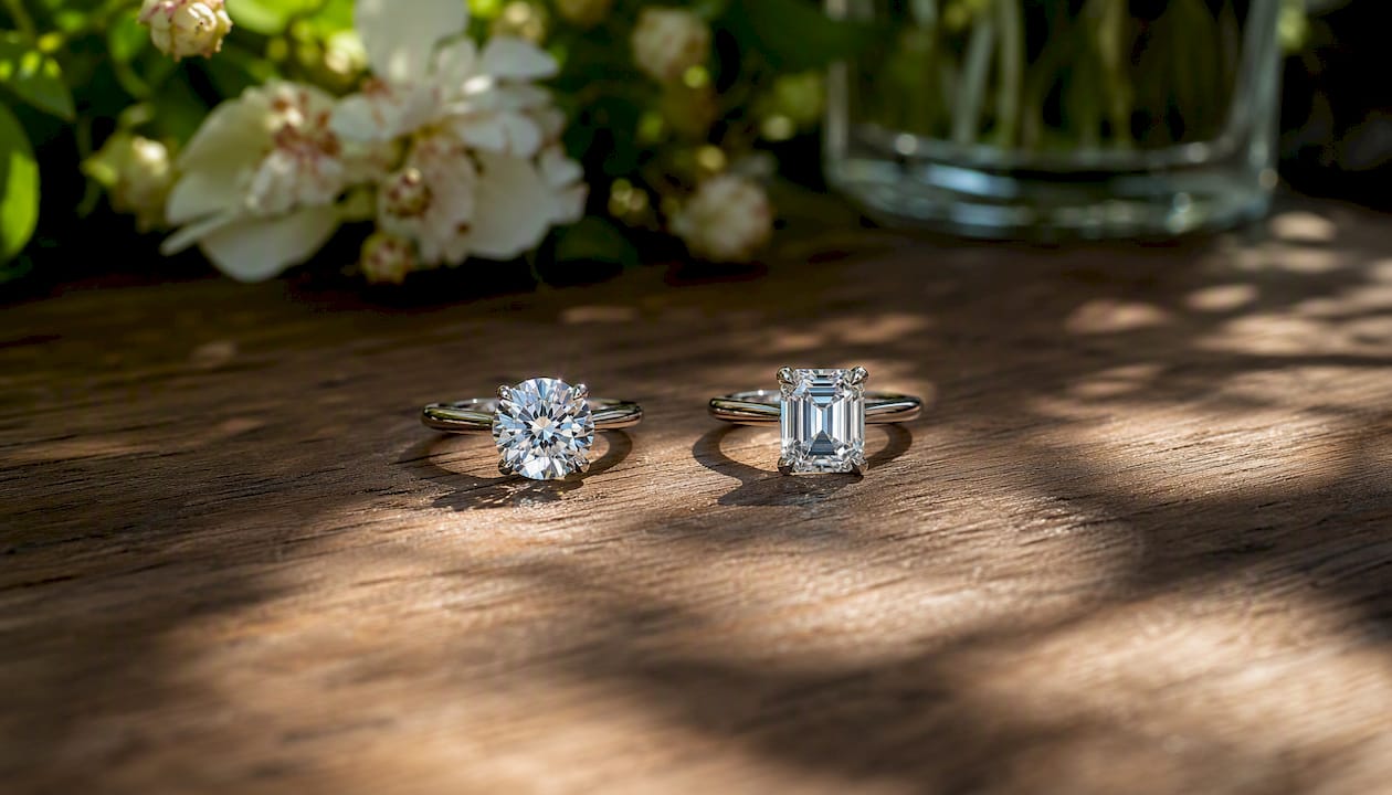 Round and emerald cut diamonds showing light effects