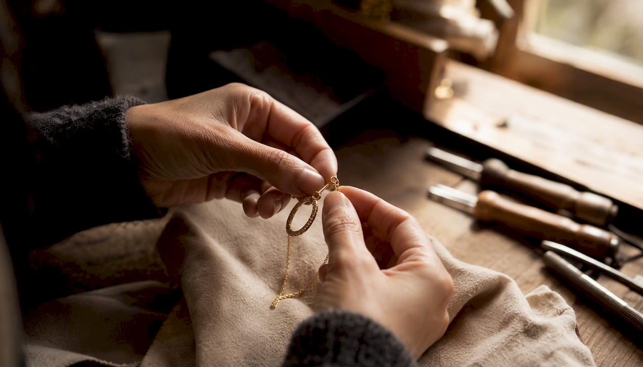 Hands adjusting pendant bail on necklace