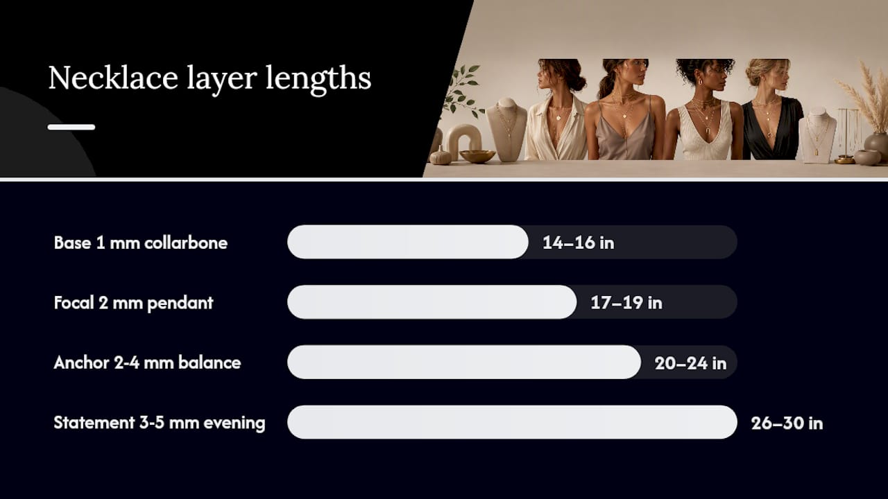 Diagram of necklace layers, lengths and widths