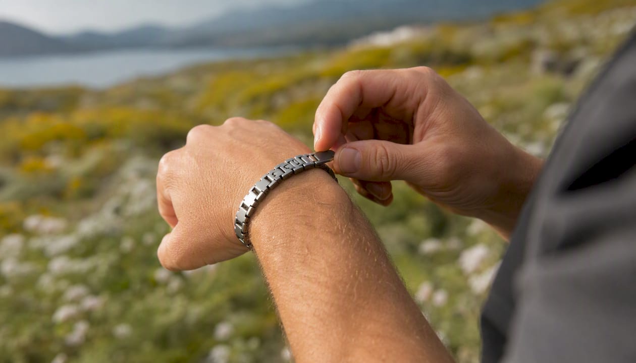 Hands fitting titanium bracelet outdoors