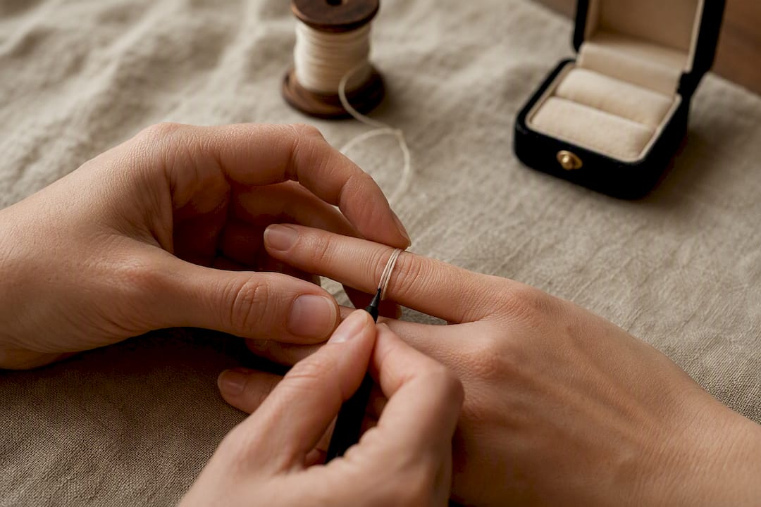 Hand wrapping string around finger for ring size measurement