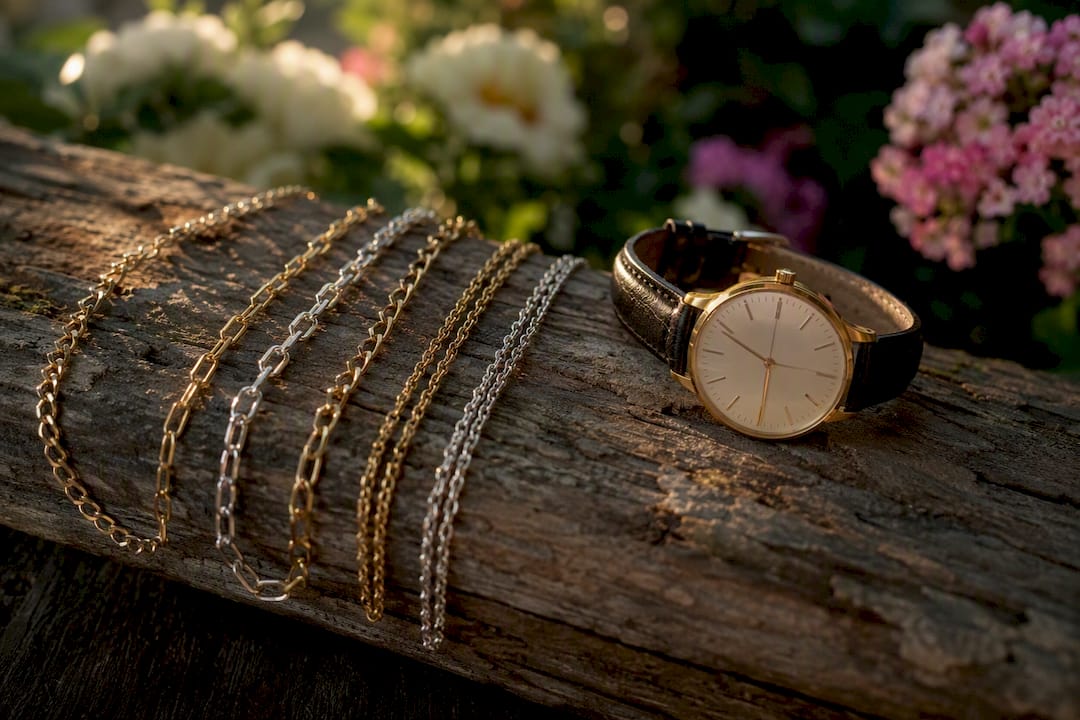 Thin gold and silver chain-link bracelets with watch