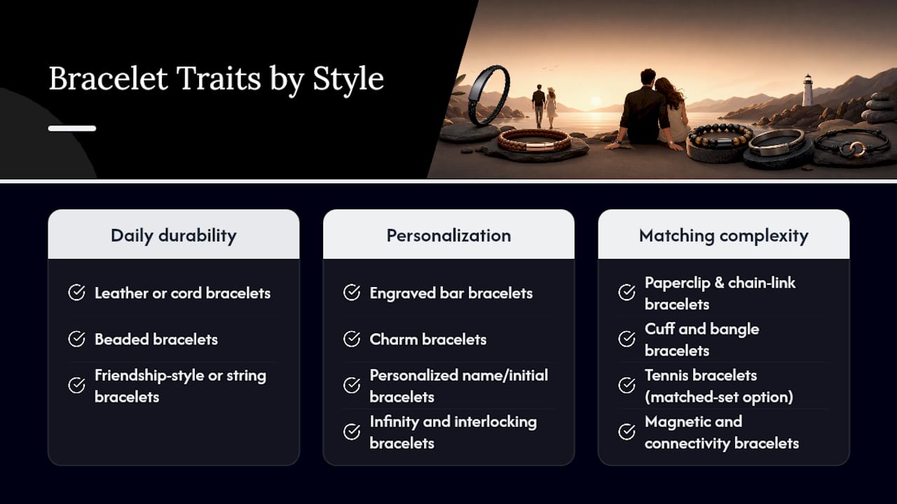 Comparison chart of bracelet styles by key criteria