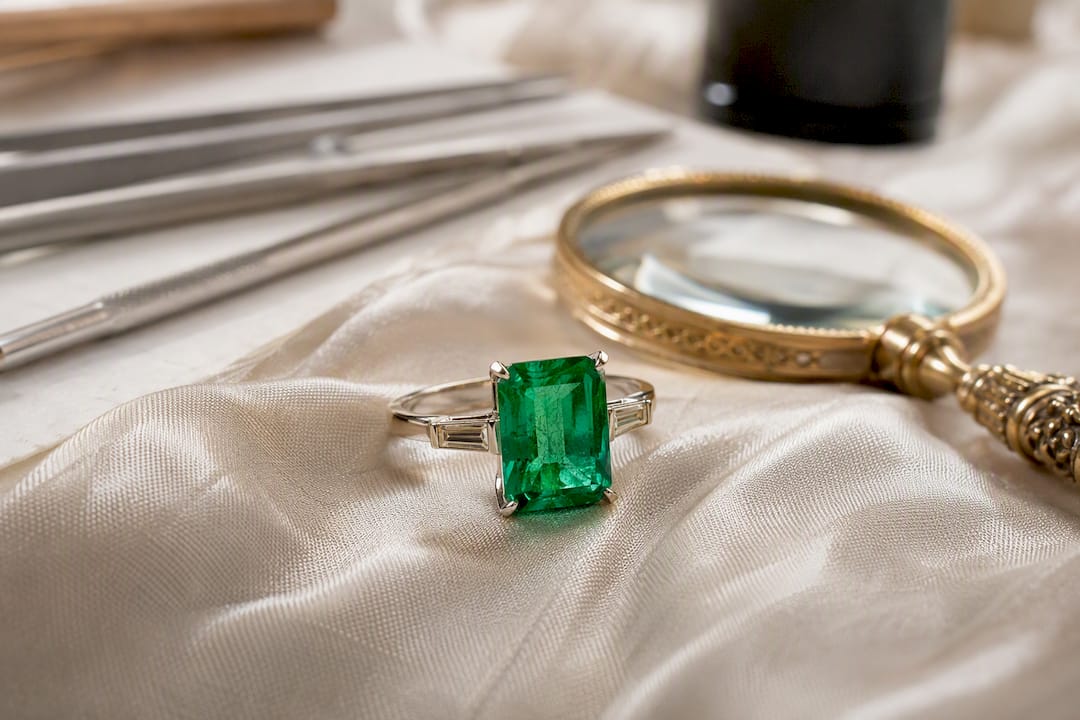 Close-up of green emerald ring on velvet
