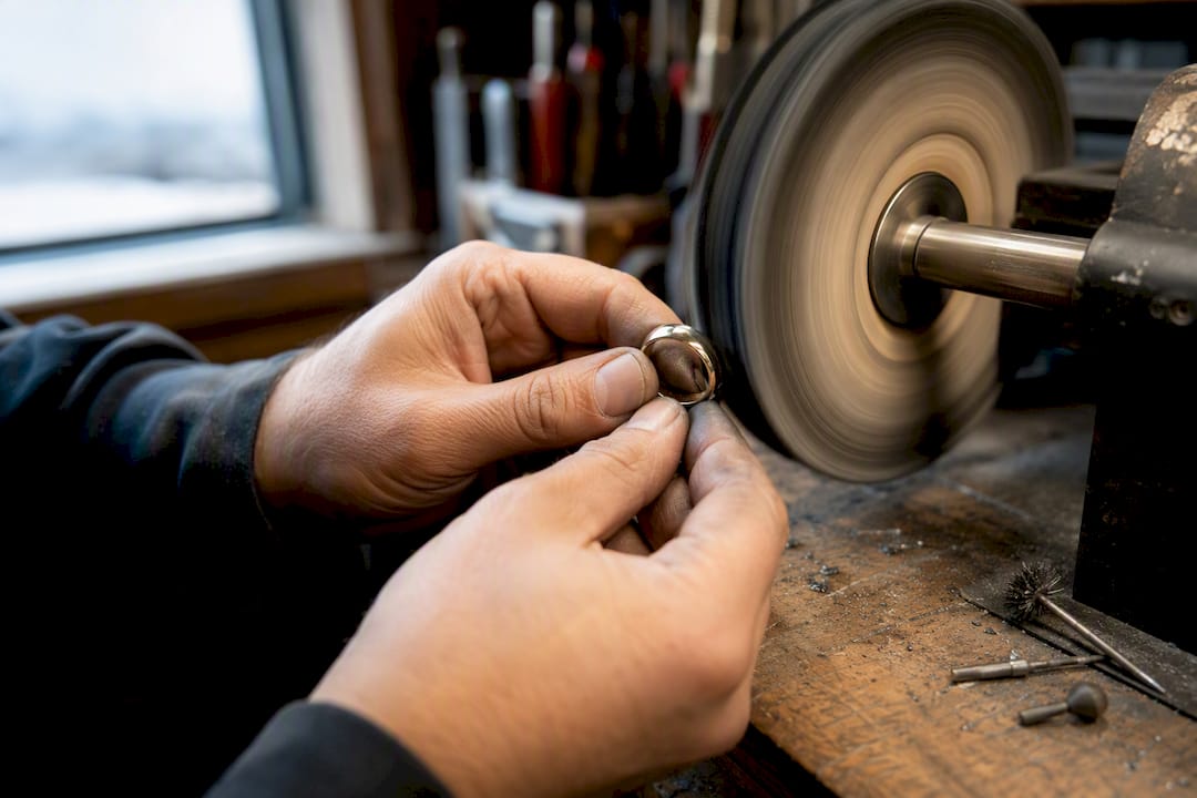 Jeweler polishing solid gold ring