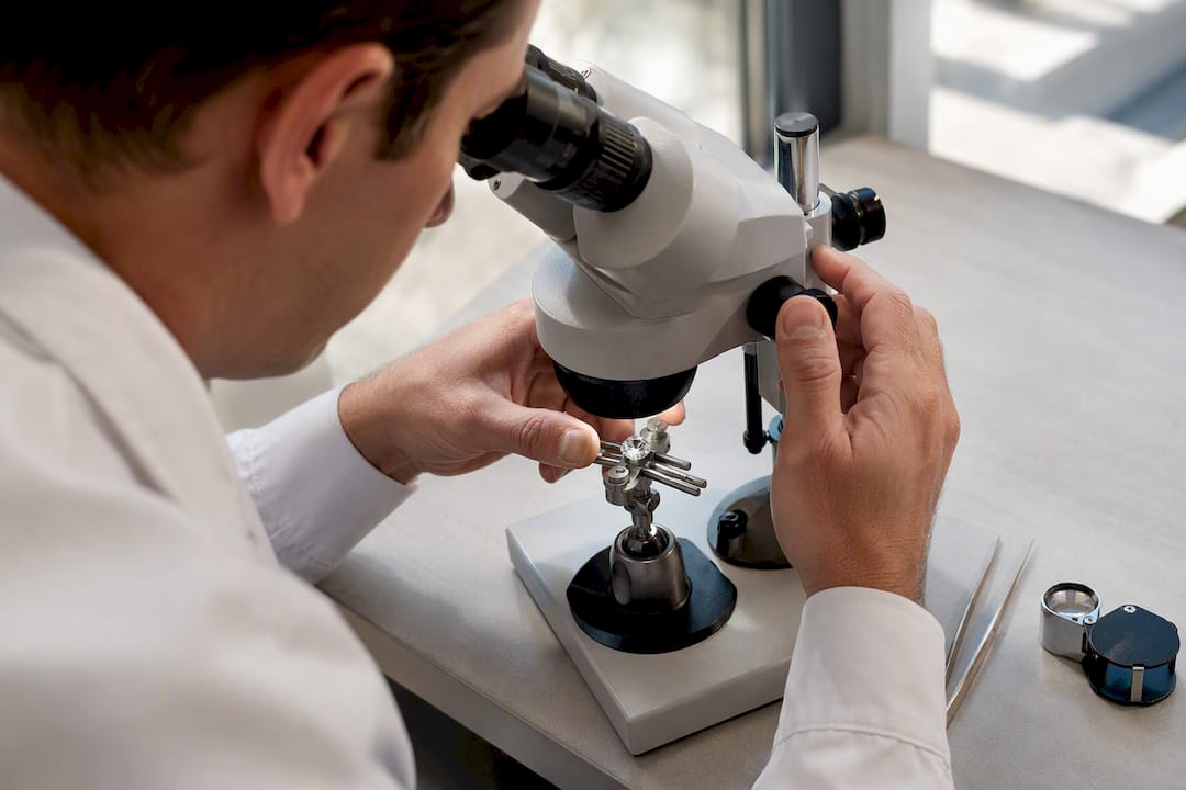 Gemologist inspecting diamond under microscope