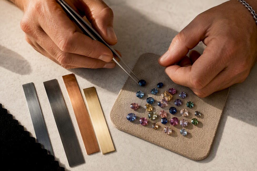 Colored sapphires beside mixed metal samples