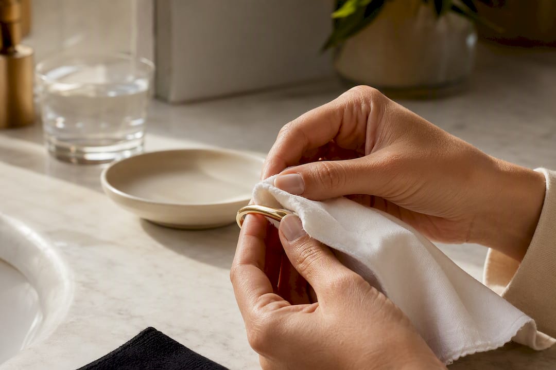 Hands gently polishing cropped gold jewelry